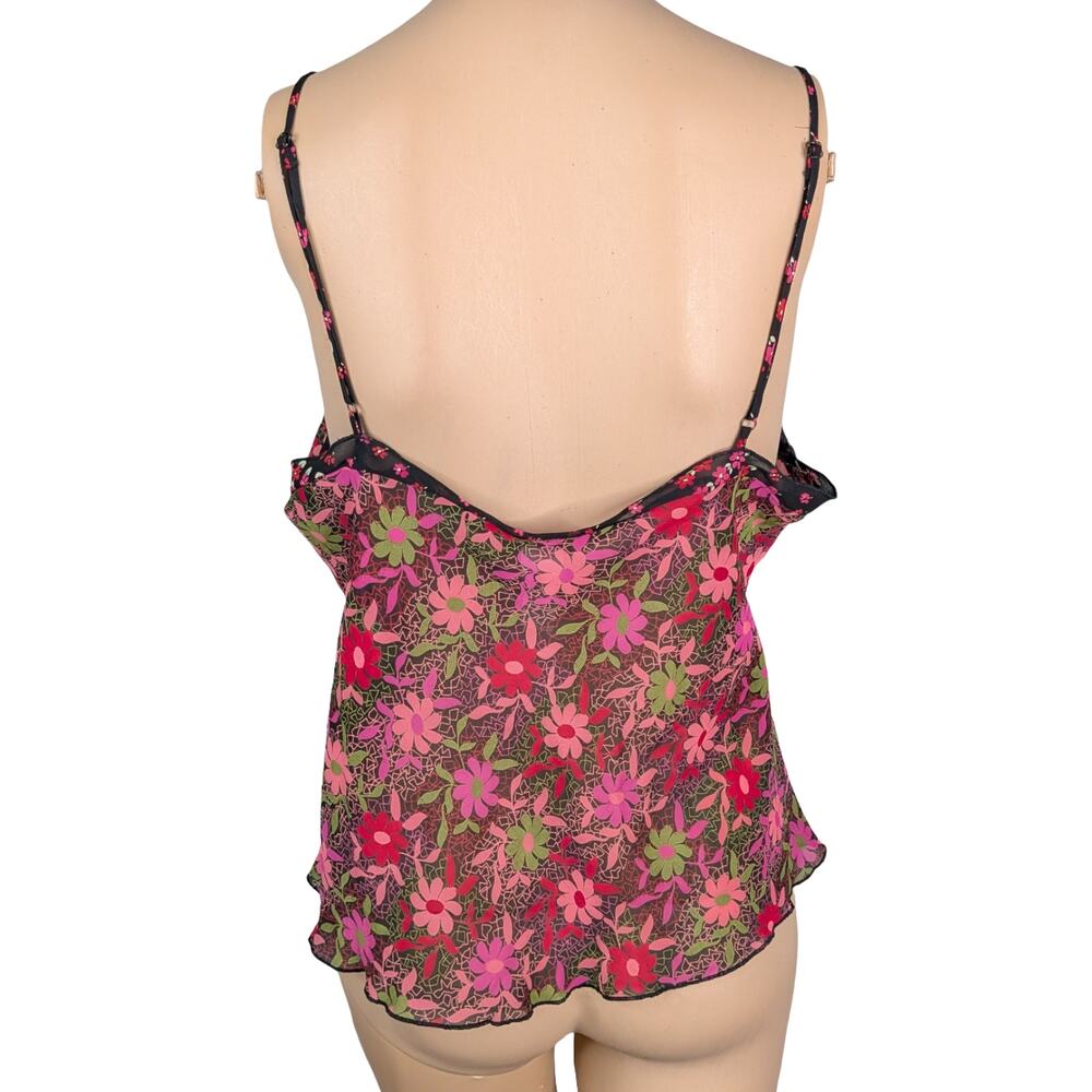 Vintage Y2K Josie Natori Sheer Chiffon Cami L Black Pink Floral Whimsigoth Top - Picture 7 of 8